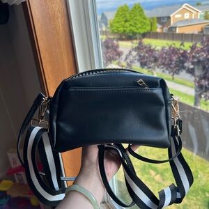 Fashion Puzzle Black Crossbody Bag with Striped Strap